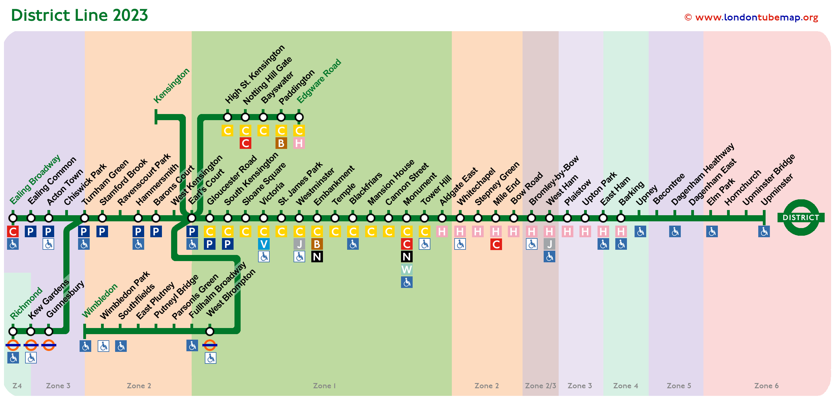 Map of the District Line (green line). Updated 2023.