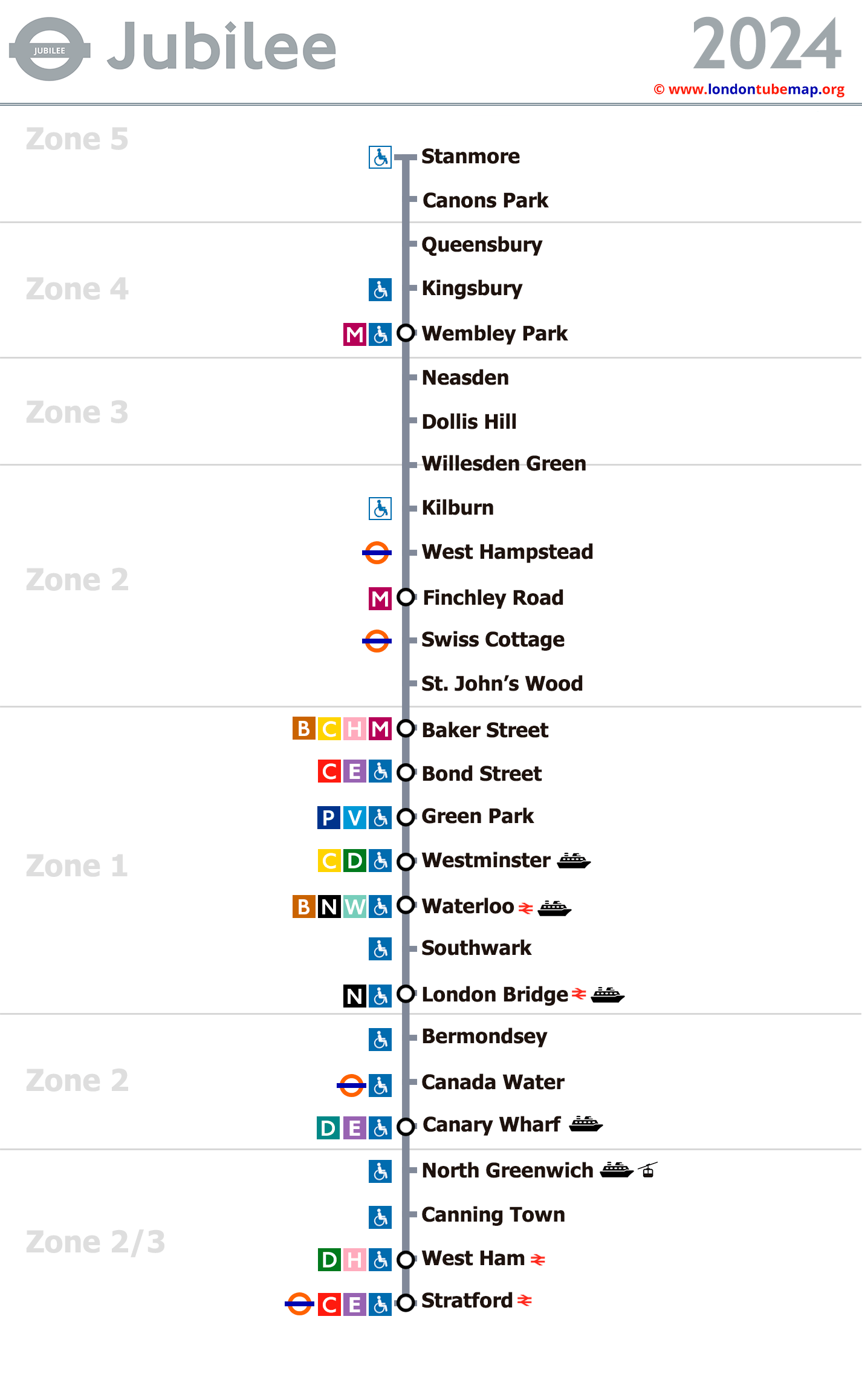 Map of the Jubilee Line (grey line). Updated 2024.