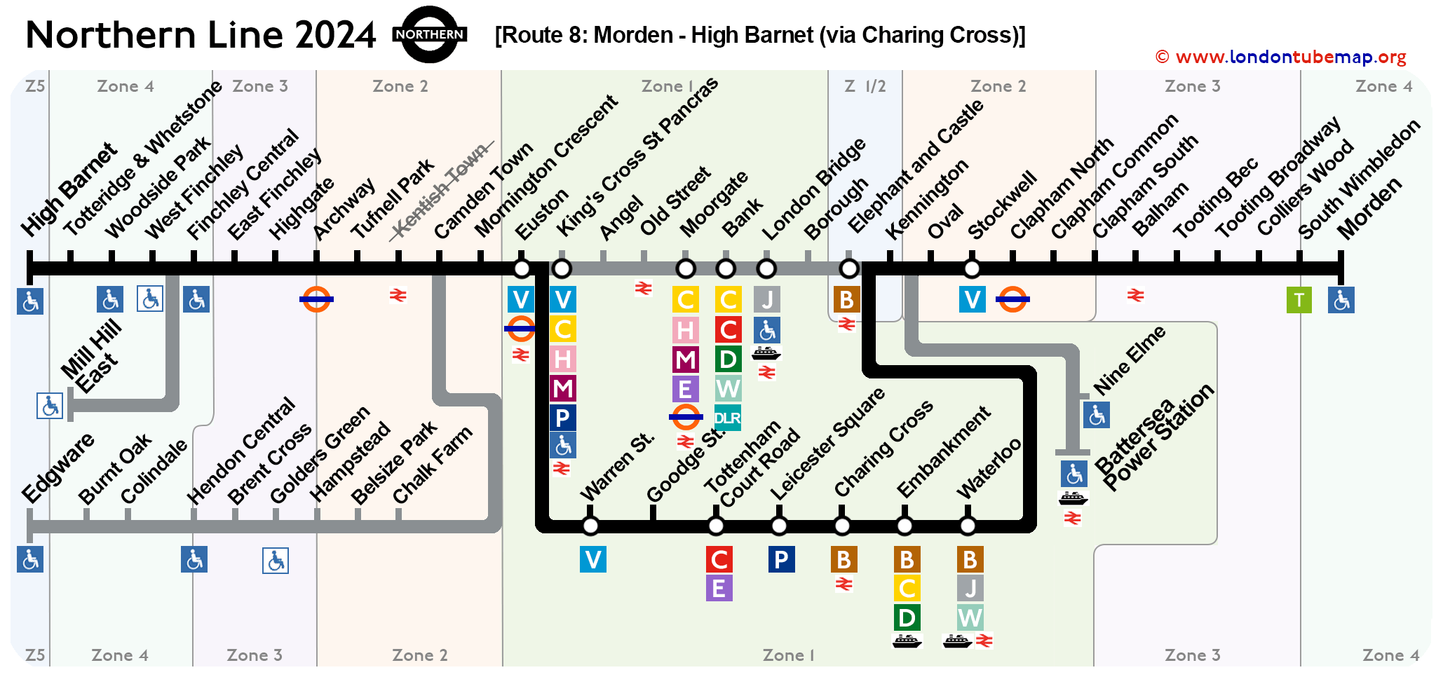 Northern line map 2024 Route-8 Morden High Barnet via Charing Cross