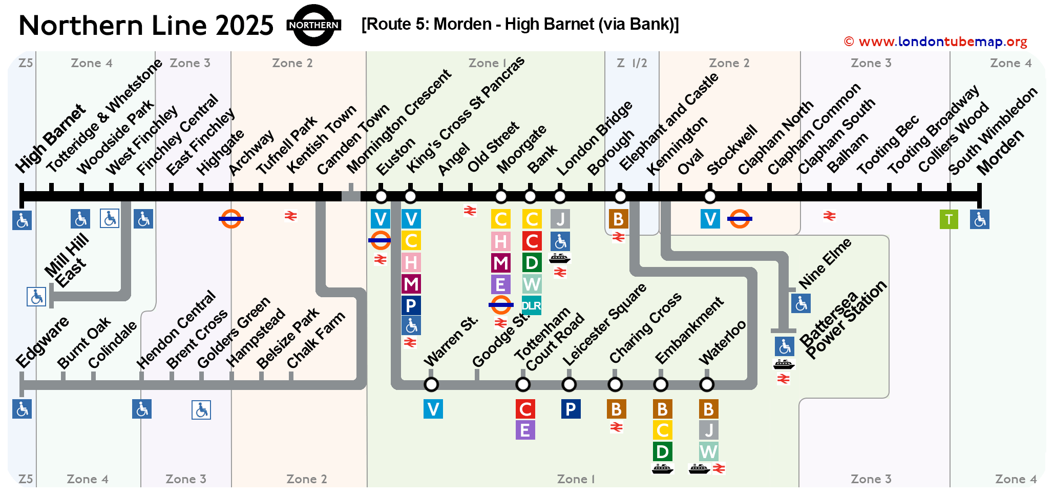 Northern line 2025 - Route Morden High Barnet via Bank