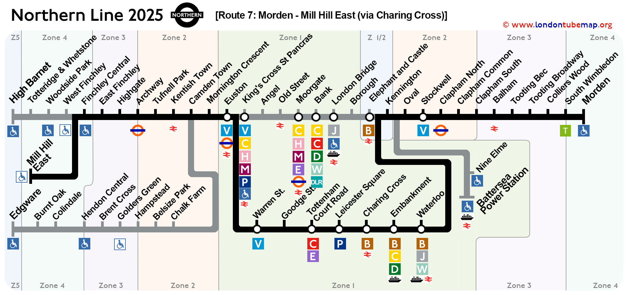 Northern line 2025 - Route Morden Mill - Hill East - via Charing Cross