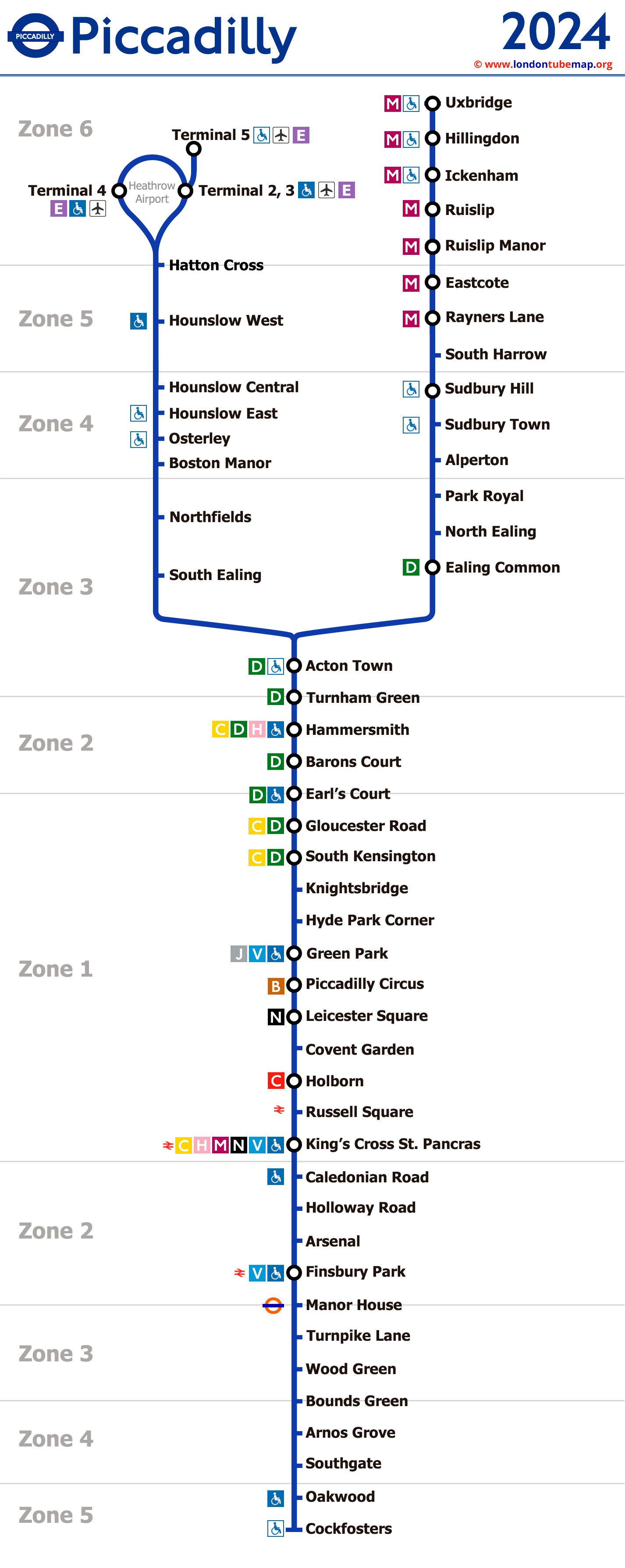 Map of the Piccadilly Line (blue line). Updated 2024.